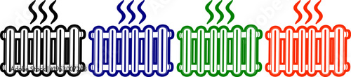 Row of four radiators with steam in black blue green and orange colors on transparent background