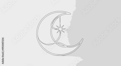 Elegant continuous line drawing of a crescent moon and a sparkling star, minimalist celestial symbol, abstract design element