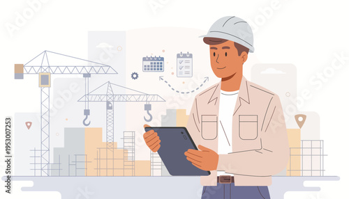 Construction worker with tablet inspecting building project on site with cranes and blueprints in background, illustrating project management and planning