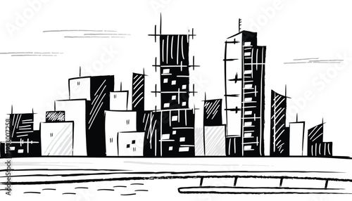 Sketchy cityscape with modern skyscrapers under construction, urban development concept
