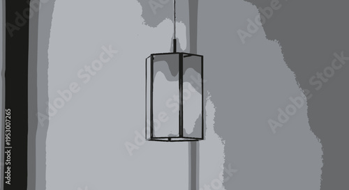 Modern geometric pendant light fixture hanging indoors, contemporary ceiling lamp design in grayscale illustration