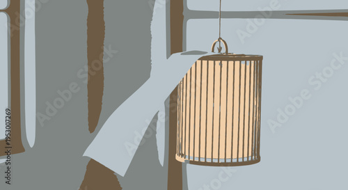Illustrative warm hanging lantern creating a cozy glow in a simple interior setting, minimalist design aesthetic.