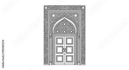 Ornate traditional archway with double doors, intricate Islamic geometric and floral patterns, Middle Eastern architecture design, vector illustration.