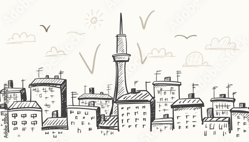 Hand-drawn sketch of a city skyline featuring a tall central tower and surrounding buildings under a cloudy sky with birds and the sun