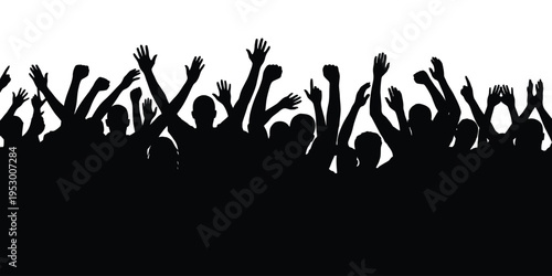 A crowd of people with raised hands in a celebratory gesture