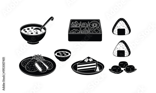 Traditional japanese bento and home-style meal illustrations