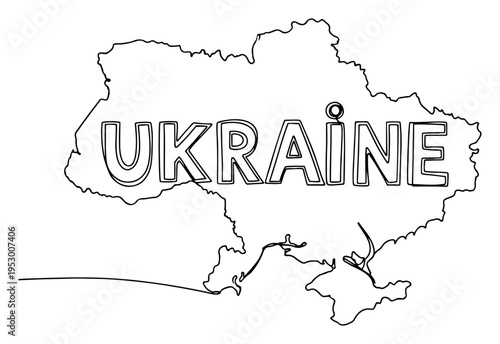 Minimalist continuous one line drawing of Ukraine map with integrated country name typography