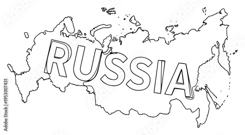 Single continuous line art illustration of Russia map with integrated country name text