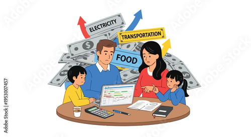 A family of four sitting at a table with financial documents and a laptop discussing inflation and crisis with a flat 2D illustration style against a clean white background.