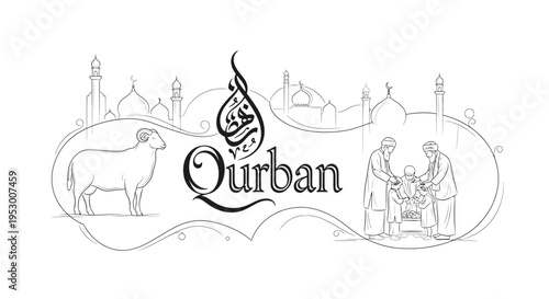 Qurban Eid al-Adha Islamic festival line art vector. Muslim celebration with sacrificial ram, mosque, and people.