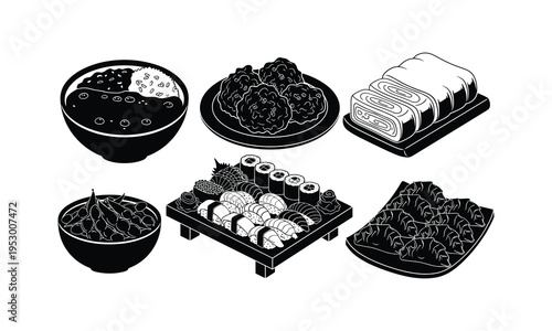 Assorted traditional japanese dishes illustrated in a minimalist style