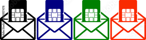 Set of colorful icons representing envelopes with sim cards in black blue green and orange