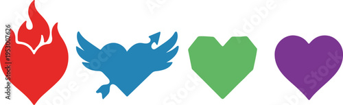 Vibrant abstract shapes resembling leaves or feathers in red blue green and purple hues on a white background