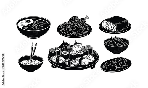 Traditional asian dishes illustrated in black and white art style