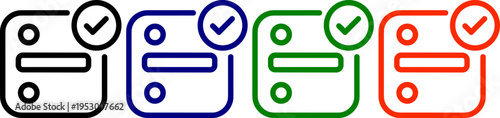 Set of four check list icons in black blue green and red for task completed or verified status