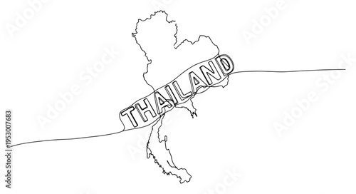 Modern single line drawing of Thailand map with integrated text lettering