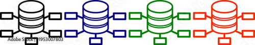Set of four database icons in black blue green and red for network connection or data storage