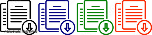Set of four document download icons in black blue green and orange on checkered background