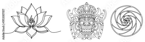 Set of spiritual line art featuring lotus flower and Balinese Barong mask