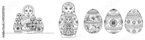 Line art collection of Russian matryoshka dolls and patterned Easter eggs