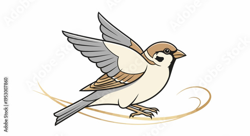 Adorable flying sparrow illustration with outstretched wings, cute brown bird graphic on white background, small avian art