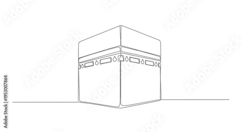 Continuous line art illustration of a sacred cube structure, minimalist outline for a place of worship, Islamic spiritual pilgrimage symbol