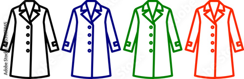 Set of four flat icon coats in black blue green and orange with transparent background