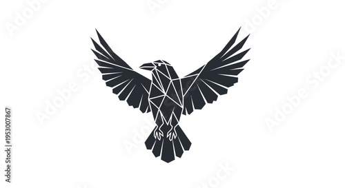 Modern abstract geometric black bird with spread wings. Polygonal raven or crow icon design, minimalist and conceptual illustration.