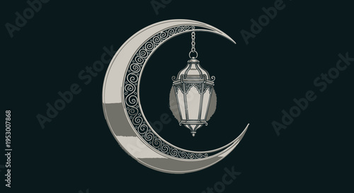 Elegant ornate crescent moon with a decorative hanging lantern on a dark background. Spiritual, festive holiday design element.