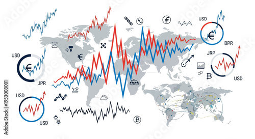 Flat 2D illustration of a world map with various economic graphs and symbols indicating global financial uncertainty.