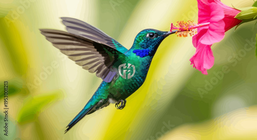 Beautiful iridescent hummingbird in flight feeding from a vivid pink tropical flower, delicate wings blurred, vibrant nature scene.