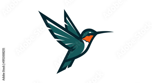 Elegant stylized hummingbird illustration with vibrant teal and orange plumage, flying gracefully against a clean white background.