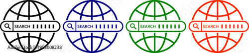 Set of globe search icons in black blue green and red colors on checkered background