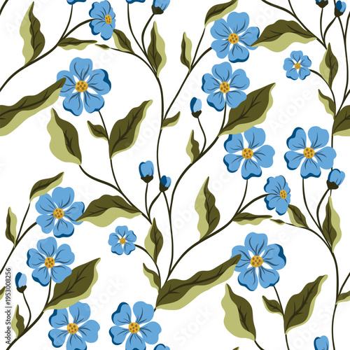 Seamless floral pattern, liberty ditsy print in delicate spring colors. Cute botanical design hand drawn blue flowers, green leaves, simple pretty bouquets.
