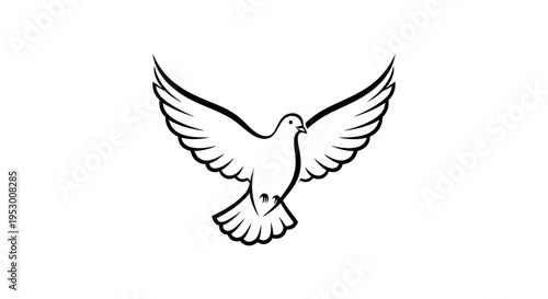 Elegant line art illustration of a white dove in flight with spread wings, symbolizing peace, freedom, hope, and spirituality.