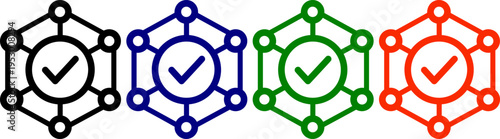 Set of network connection icons with check mark inside circle in black blue green and red colors