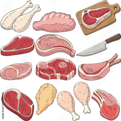 Assorted raw meat cuts, chicken drumsticks, steak, and butcher knife illustrations for cooking, butcher shop, food design, and commercial projects