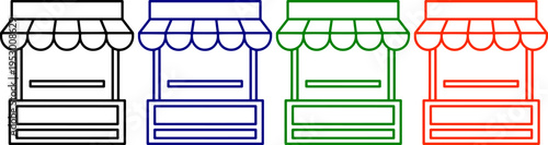 Shop stall vector icons set with black blue green and red outlines for retail