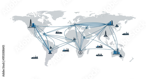 Flat 2D illustration of a global shipping route map with oil tankers and cargo ships connected by blue lines on a white background.