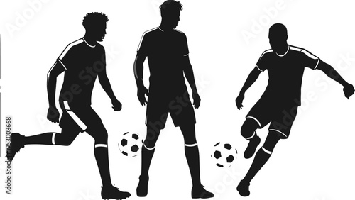 Soccer players silhouettes, football athletes illustration, dynamic sports poses, running motion, kicking ball, athletic training icon, team sport activity, fitness exercise design