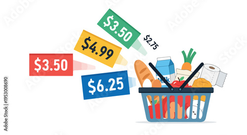 Flat 2D illustration of a shopping basket with various grocery items and floating price tags indicating rising costs during an inflation crisis.