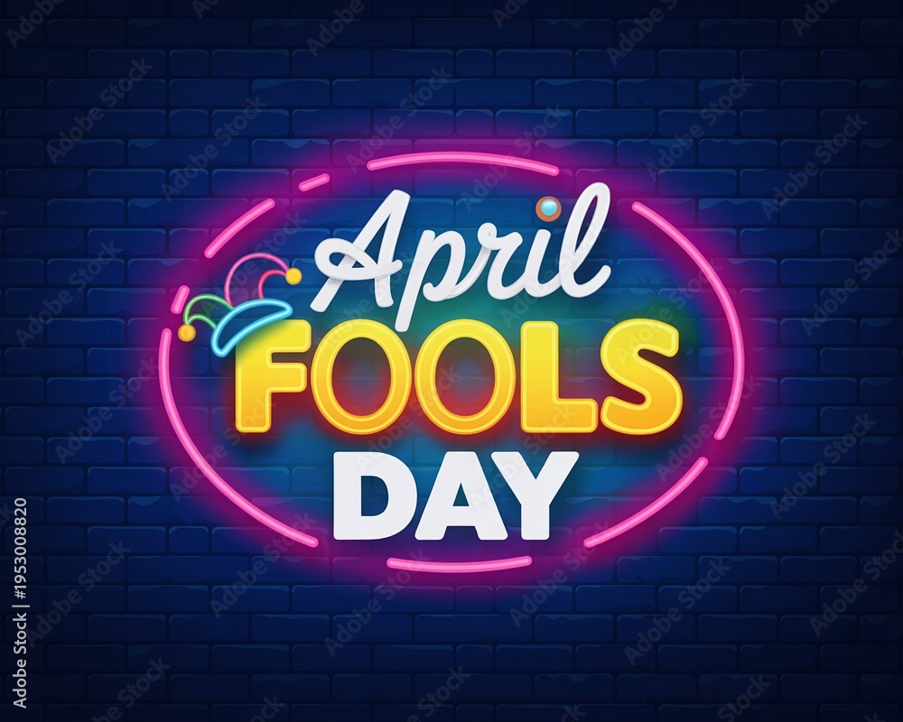 Obraz premium Vibrant Neon Sign for April Fools Day Featuring Jester Hat on Dark Blue Brick Wall Background for Nightlife Events and Social Media Promotion