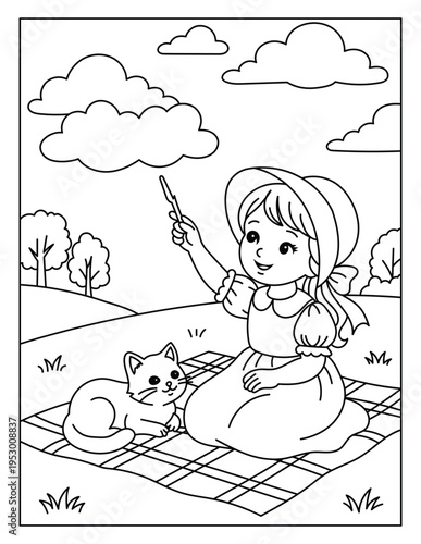 Cute Girl Having a Picnic with Her Cat Coloring Page - Little Girl Sitting on Picnic Blanket and Pointing at Clouds, Vector Illustration
