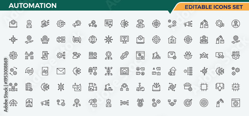 Automation icon collection. UI icons set in a thin style. Editable stroke collections. Tech related icon set. Includes symbols for optimization, ai, tech, technology and more.