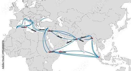 A flat 2D map showing a complex shipping route with multiple blue lines and arrows on a grey background with red markers.