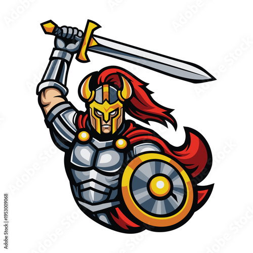 Spartan Warrior Mascot Logo - Knight Fighter with Sword and Shield for Gaming and Esports Team, Premium Vector Illustration