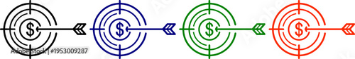 Target with arrow and dollar sign in four colors, aiming for financial success and investment
