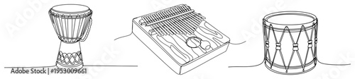 Traditional musical instruments set including djembe kalimba and hand drum in minimalist one line art style