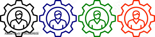 User profile gear icons set in multiple colors for settings management and personnel