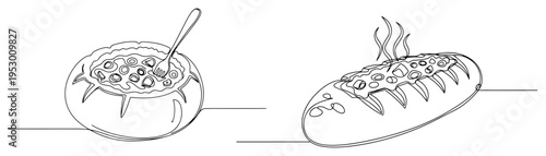 Minimalist continuous line art illustration of a soup bowl and a stuffed bread loaf with steam